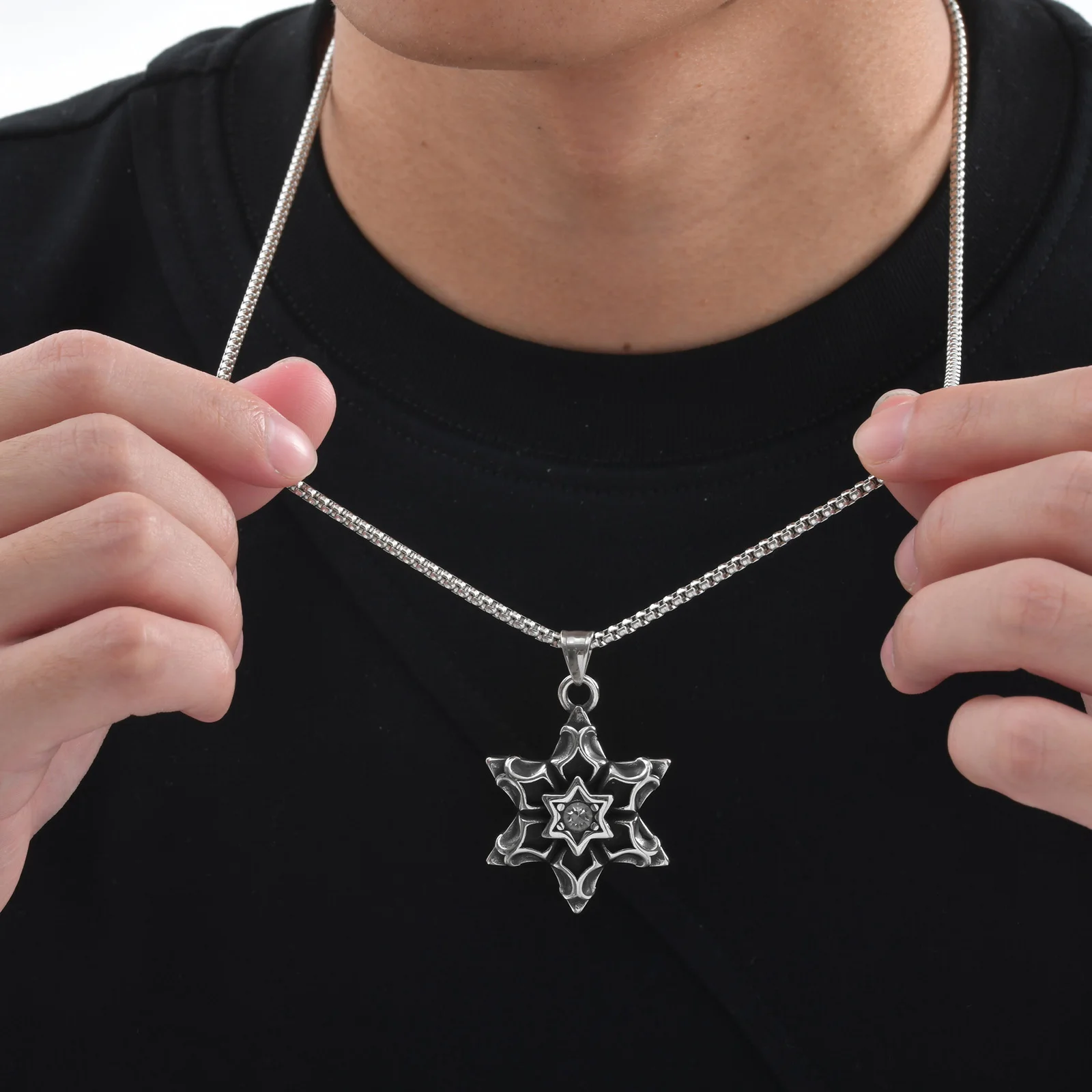 Vnox Men's Gothic Star Pendant Necklace Silver 33MM