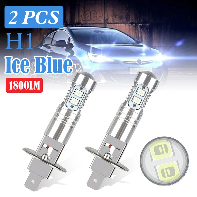 Lampu kabut LED mobil, 2 buah H1 bola lampu depan otomatis 8000K 100W Ice Blue Super terang