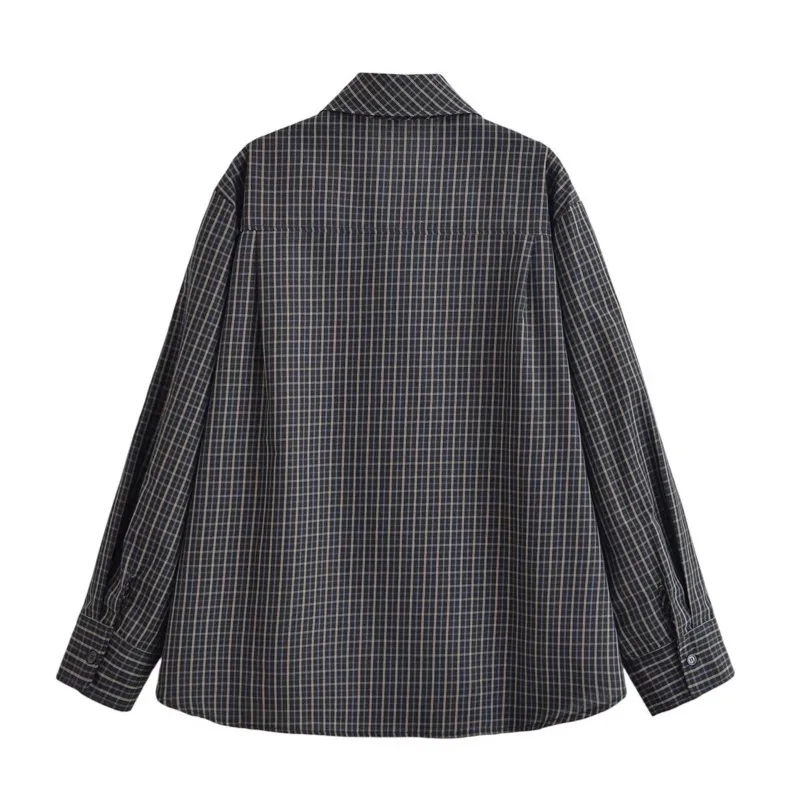 2025 Camicie scozzesi monopetto a maniche lunghe con colletto a sciarpa autunnale Camicette casual femminili alla moda versatili allentate