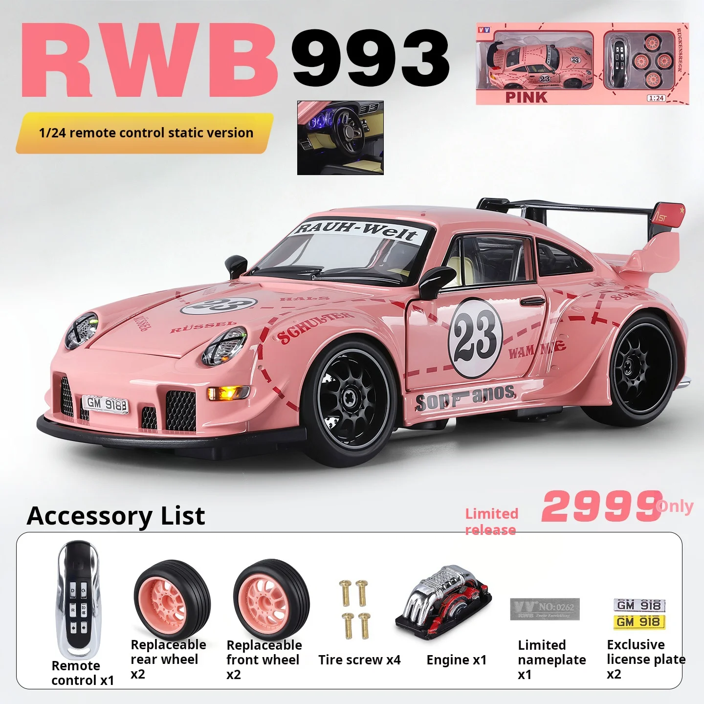 1:24 Scale 911 Static Diecast Alloy RC Car Model, Remote Control Sound & Light Only, Non-Drivable Collectible Gift for Men