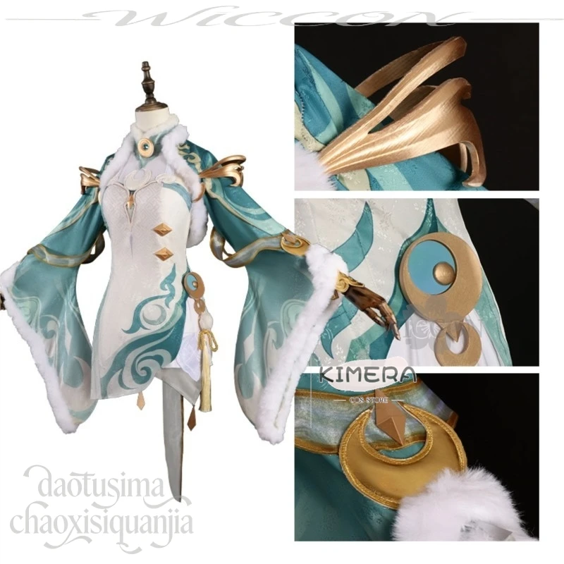 Anime Game Genshin Impact Cosplay Zibai Retro Uniform Chinese Fairy Green Dress Qipao Cheongsam White Wigs Halloween Christmas view 4