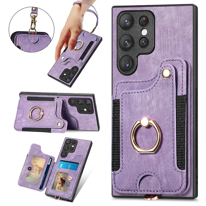 For Samsung Galaxy S24 Ultra Mobile Phone Case Leather Magnetic Wallet Card Slot Cover Fall Protective Cover Replacement Purple