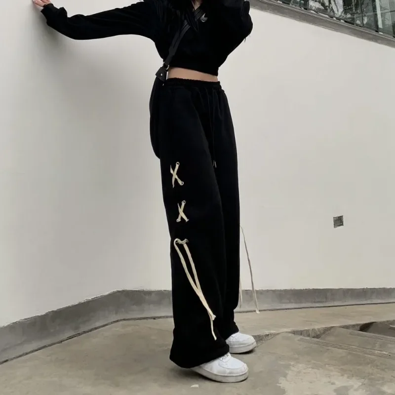 レディースブラックバンデージパンツ,ストリートウェア,ストレート,シック,カジュアル,ベーシック,原宿,ヒップスター,居心地の良い,bfスタイル,ミニマリスト,夏