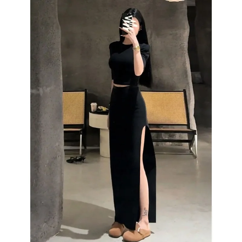 Bla Asymmetrische Rokset Dames Zomer 2025, Nieuwe Taille-geknikte Bodycon Slit High-End Gevoelens Faionable Outfit