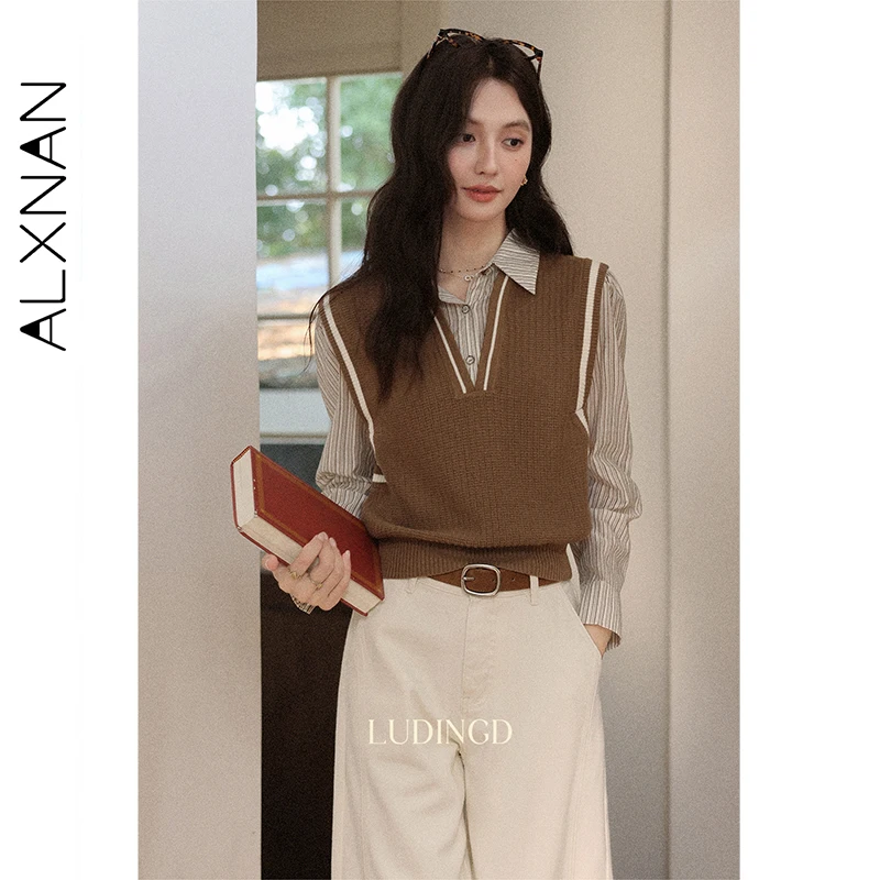 

ALXNAN Women's Striped Shirt 2025 Autumn Brown Fake Two-piece Lapel Sweater Vest Long Sleeve Office Lady Casual Tops L569193
