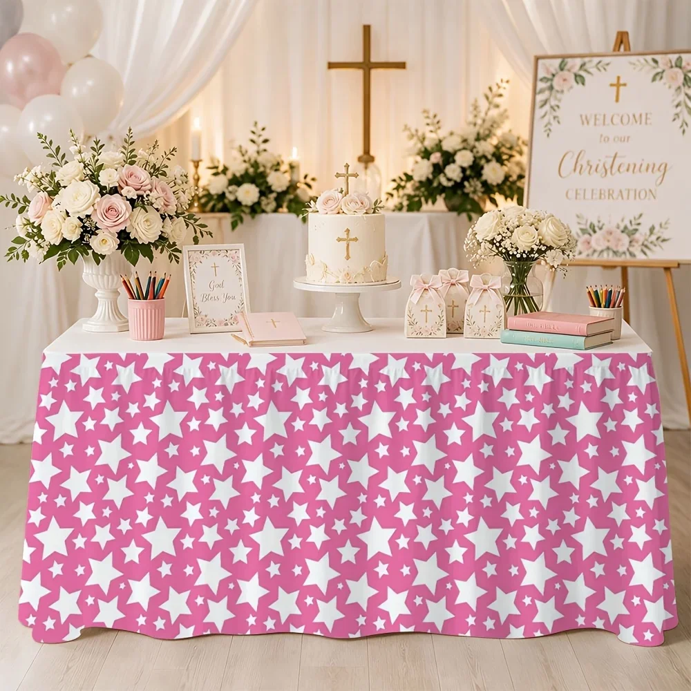 One pink-backgrounded white star-patterned tablecloth, suitable for parties