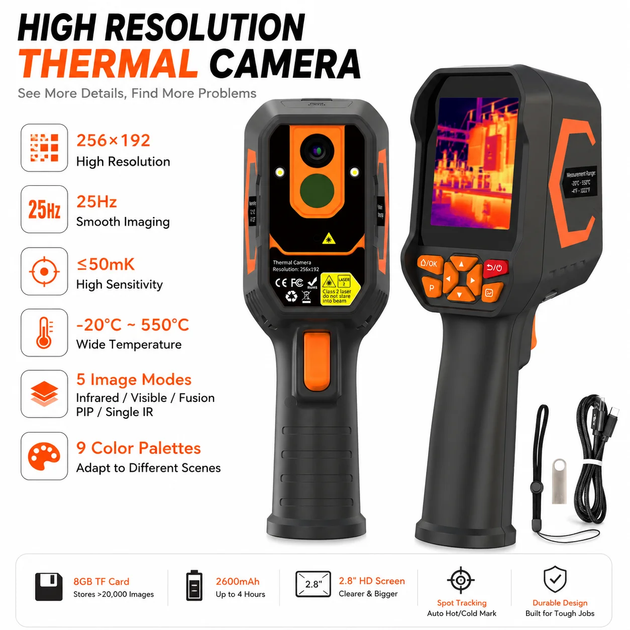 Handheld Thermal Imaging Camera 256x192 Resolution USB Type-C Rechargeable -20°C~550°C for Electrical HVAC Home Inspection