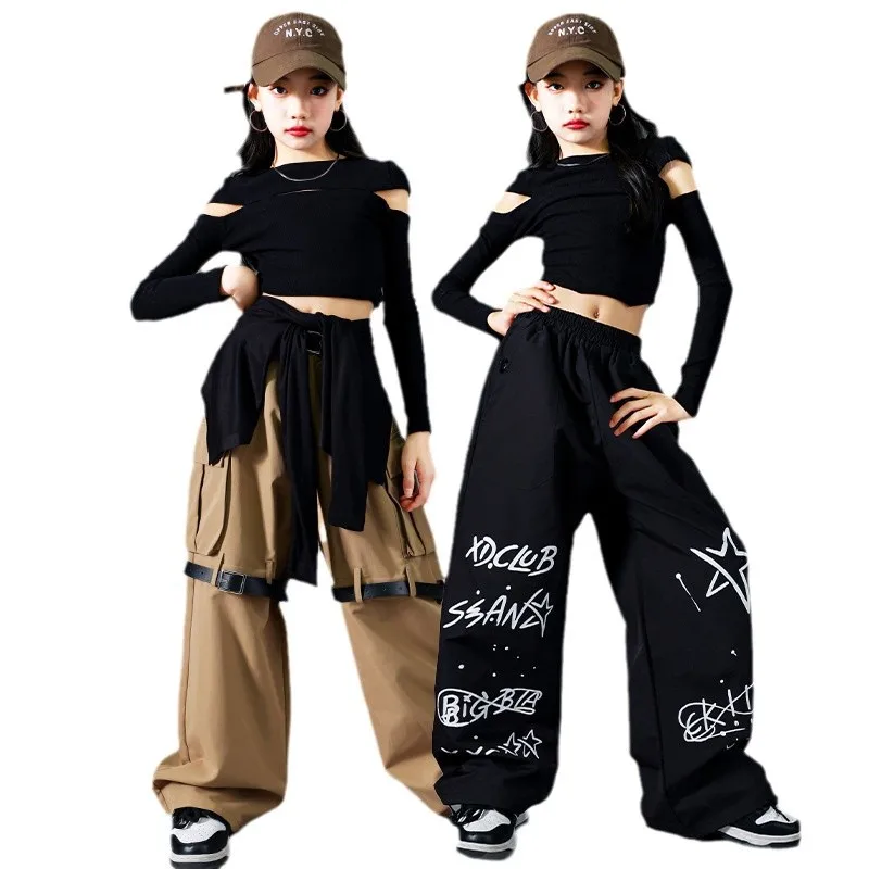 

K-pop укороченный топ для девочек, модный пояс, брюки-карго, комплект одежды, детские бегуны для танцев в стиле хип-хоп, детская уличная одежда, групповой костюм для джазовых девочек