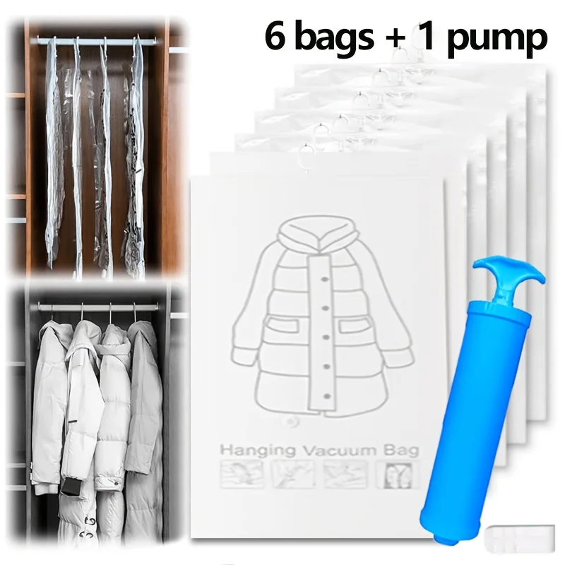 6 Pack Hanging Vacuum Storage Bags, Space Saver with Hangers for Clothes, Reusable Dustproof Suit Organizer