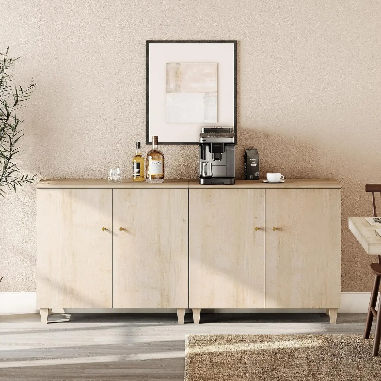 ビュッフェキャビネットサイドボード、幅70.8インチの木製クレデンツァコンソールテーブル、ドア4枚付き、モダンで素朴なキッチンアクセントストレージCの2個セット