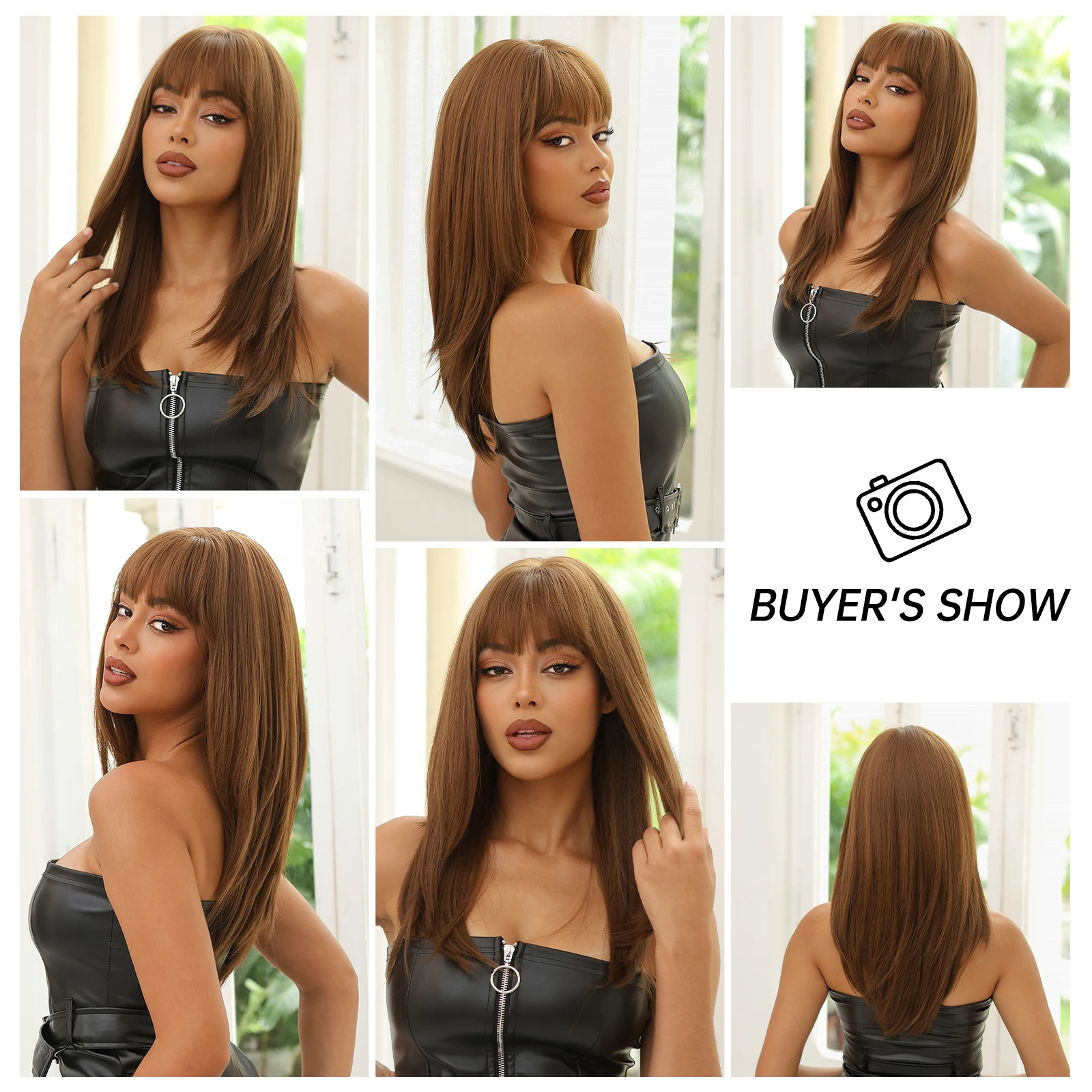 Natural Brown Syntheitc Wigs Layered Shoulder Length Copper Brown Straight Wig with Bangs for Women Heat Resistant Daily Party