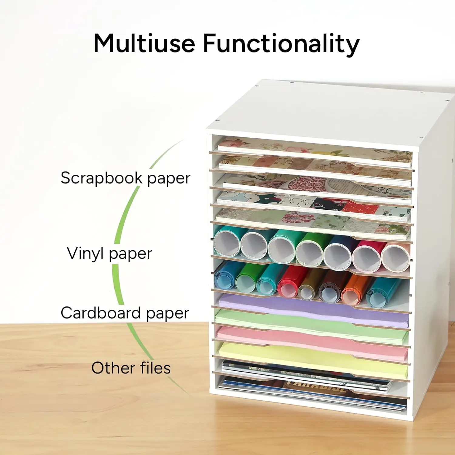 15 Slot Paper Organizer Storage, Wood Adjustable Shelves Paper Storage Shelf with Extraction Slot for 12x12Inch Scrapbooks