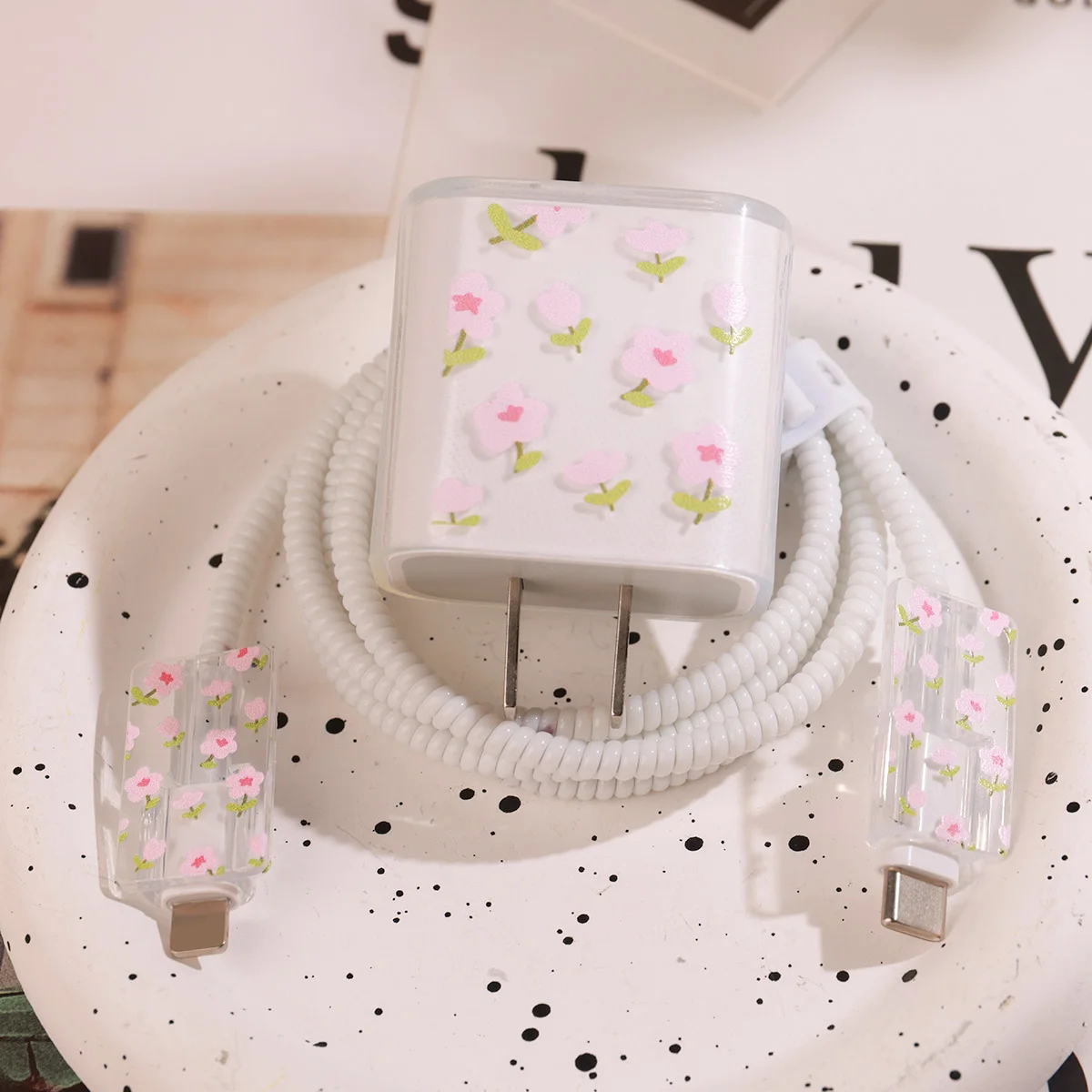 Clear Floral Soft Silicone Charger Protective Case For Apple iPhone US 18W 20W USB Cable Protection Cover Laser Winding Orginzer