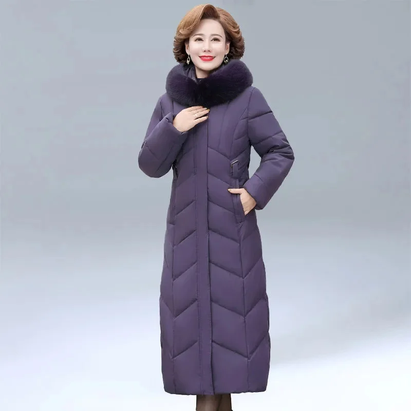 Hooded Fur Collar Down Cotton Jacket Women Winter Clothing New Middle-Aged Mother Mid-Long Thicken Coat Warm Female Parkas 8XL