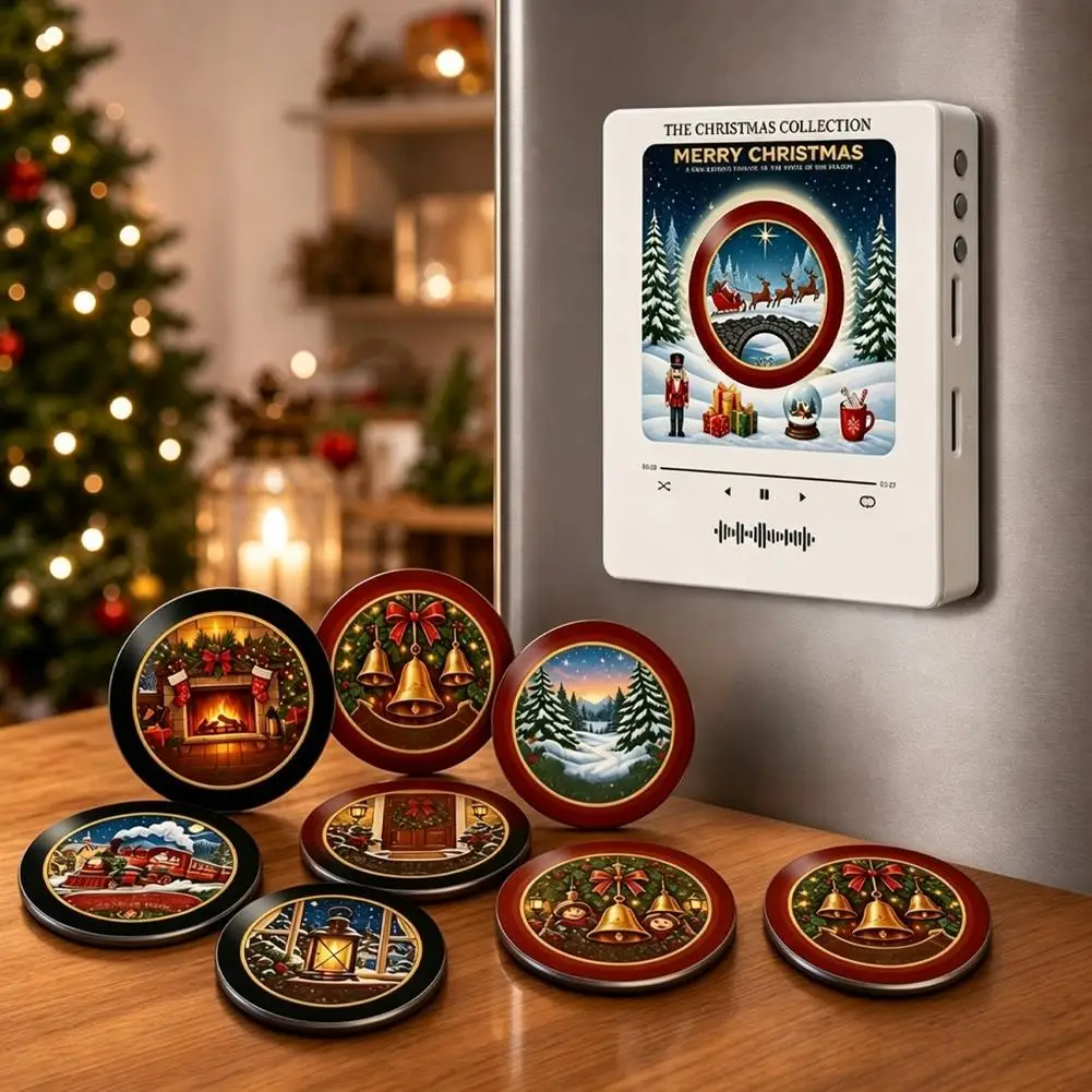 Christmas Magnetic Retro NFC Record Player 256MB Memory 9 Discs With LED Glow USB Charging For Fridge/Desk Themed Decoration ﻿