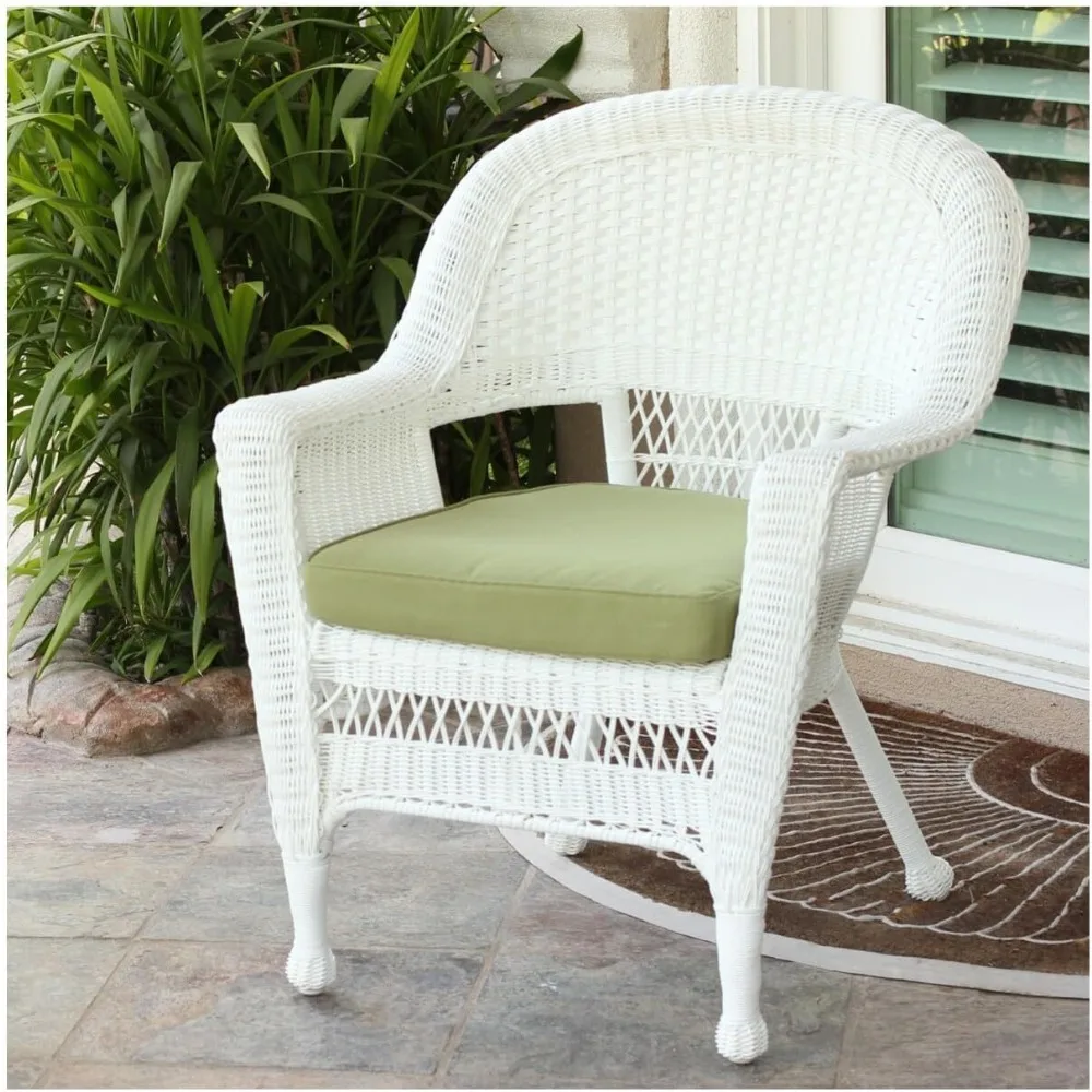 

White Wicker Chair with Green Cushion