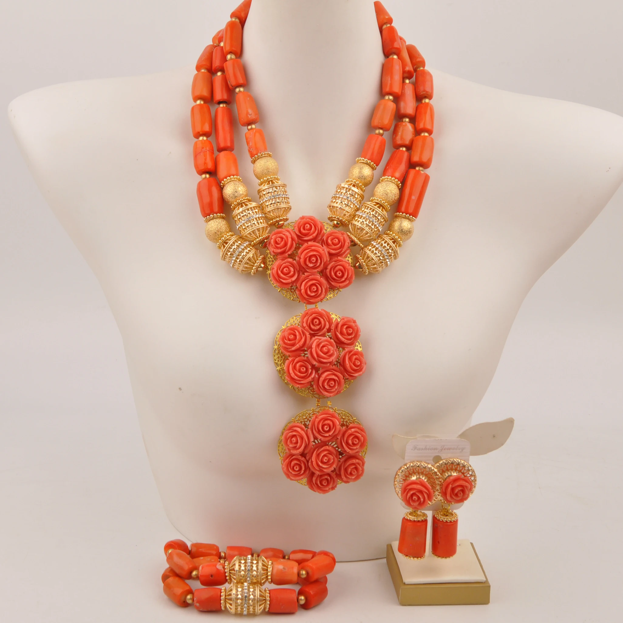 

African Wedding Bridal Necklace Set Orange Nigerian Coral Beads Jewelry Set