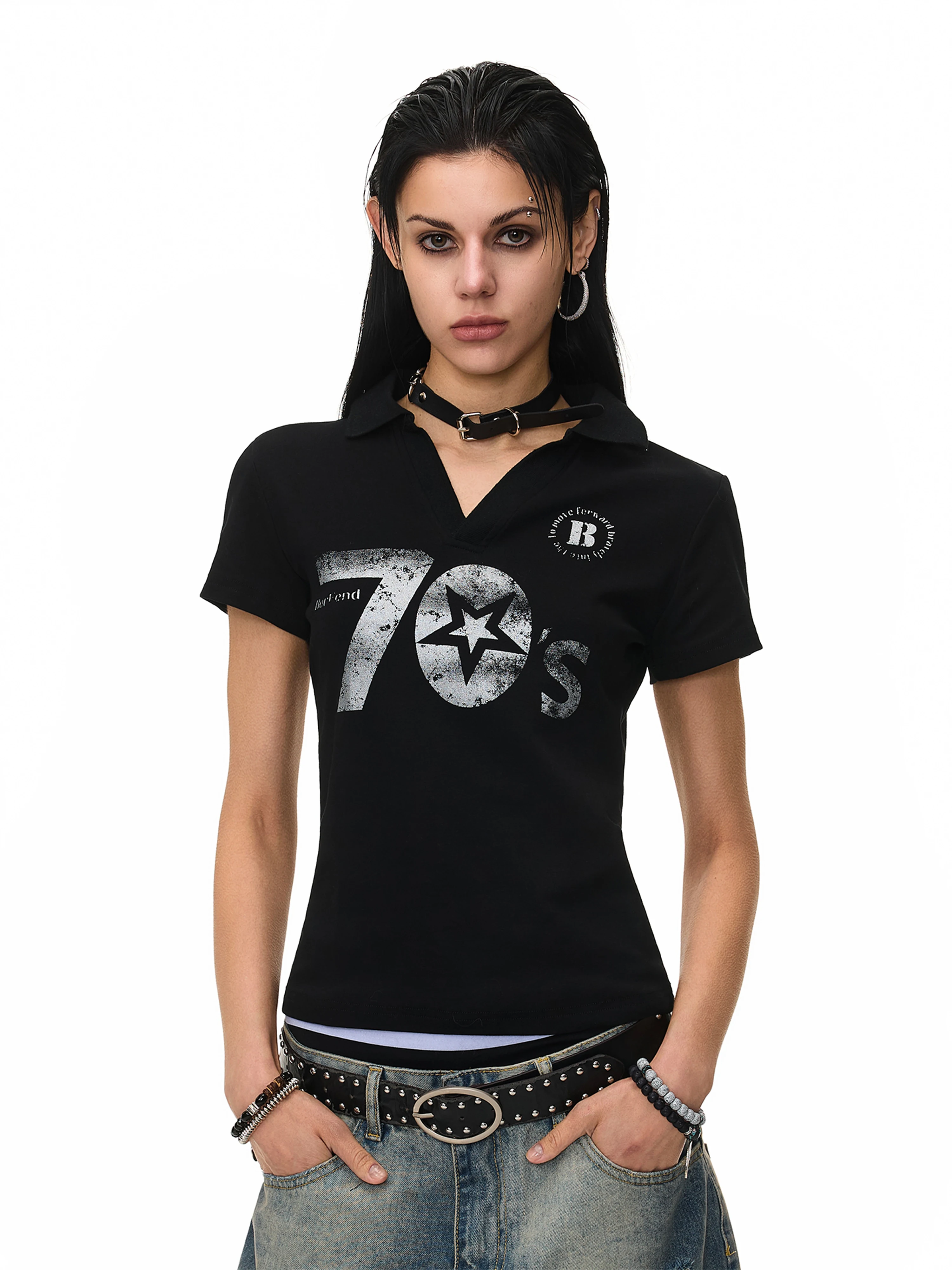 Retro American Vintage Distressed Print Short Sleeve Flip Collar Short Design Sense Slimming Effect T-shirt Women's Top