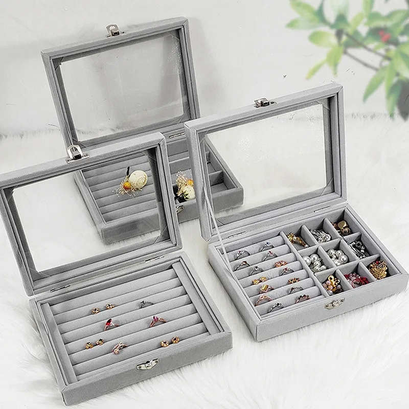 

New Gray Velet Fashion Portable Jewelry Ring Pendent Display Organizer Box Tray Holder Earring Jewelry storage box Showcase