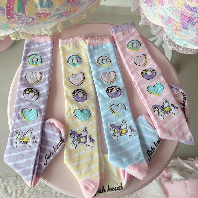 Original Dream Donut Sweet Cute Over-the-Knee Socks Lolita Bu Sweet Side Wearing Cotton Socks Cartoon Printed Sockings Women