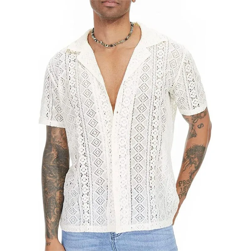 

New European and American Fashion Men's Lace Short-sleeved Shirt with See-through Buttons, Holiday Casual Cutout Top Men’s Wear