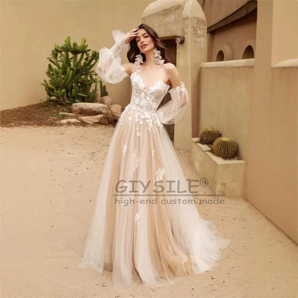 GIYSILE Customized Classic Wedding Dress Off Shoulder Half Sleeves V-Neck Applique Long Dress Woman Bridal Gowns robe de mariage