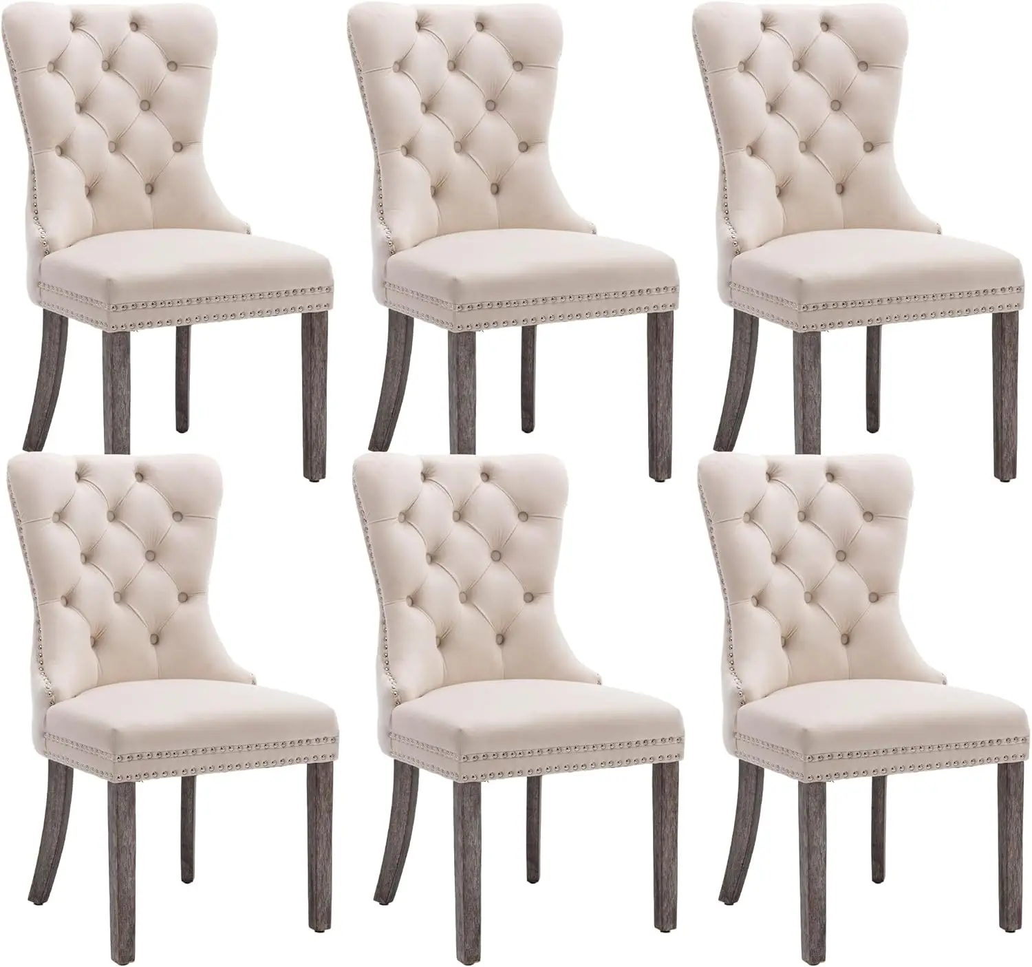 Velvet Dining Chairs Set of 6, Upholstered High-end Tufted Dining Room Chair with Back Ring Pull Trim Solid Wood Legs, Nikki Col