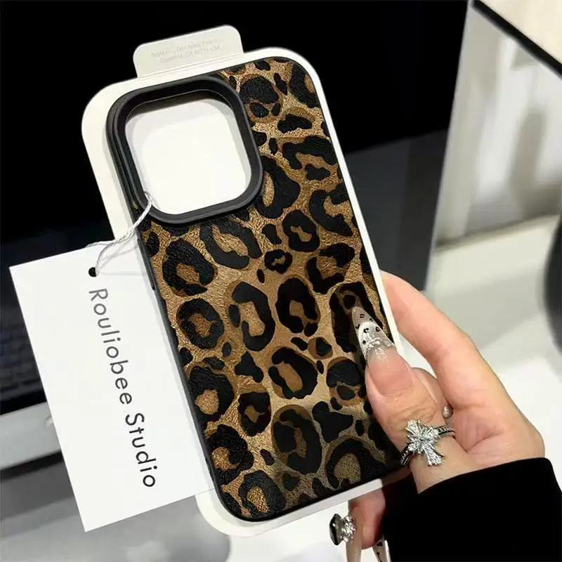 Coque de téléphone INS motif léopard marron pour iPhone 17 16 Pro Max 15 14 Plus XR XS 13 12 11 Max, motif litchi, en silicone TPU souple
