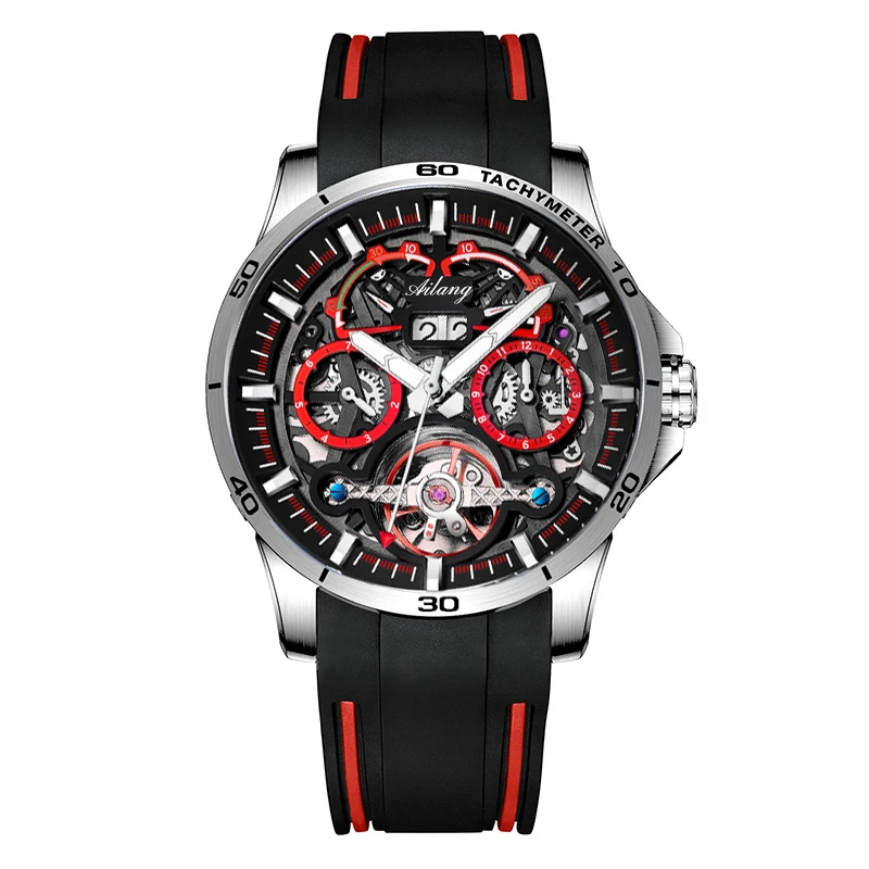 AILANG New 2022 Fashion Design Men\'s Watch Watch Tourbillon Waterproof Automatic Mechanical Watches Red Rubber Strap For Men