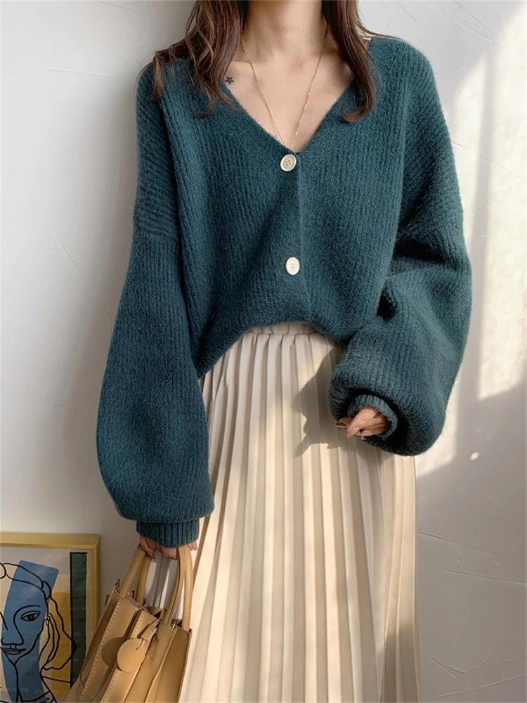 New Oversize Women\'s Sweaters Autumn Winter fashionable Casual Blue V-Neck Cardigans Single Breasted Puff Sleeve Loose Cardigan