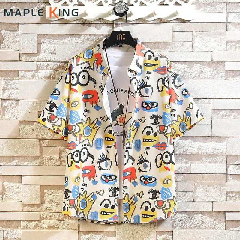 

Cartoon Graffiti Print Short-sleeved Men's Hawaiian Shirts Beach Summer Oversized Hawaii Men Floral Shirt Plus Size Streetwear