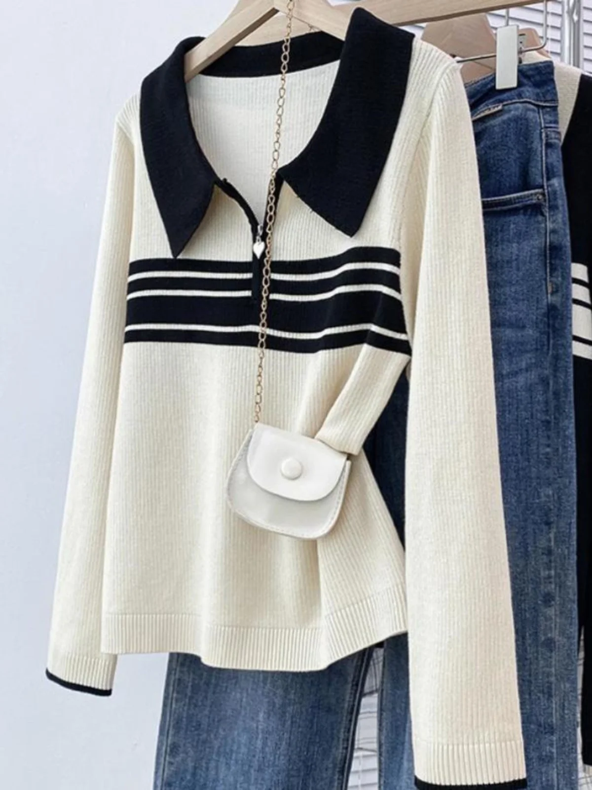 Slim Fit Long Sleeve  Neck Knitted Sweater with Half Zip Inner Shirt Large Size Fat MM Belly Cover Trendy Top for Women