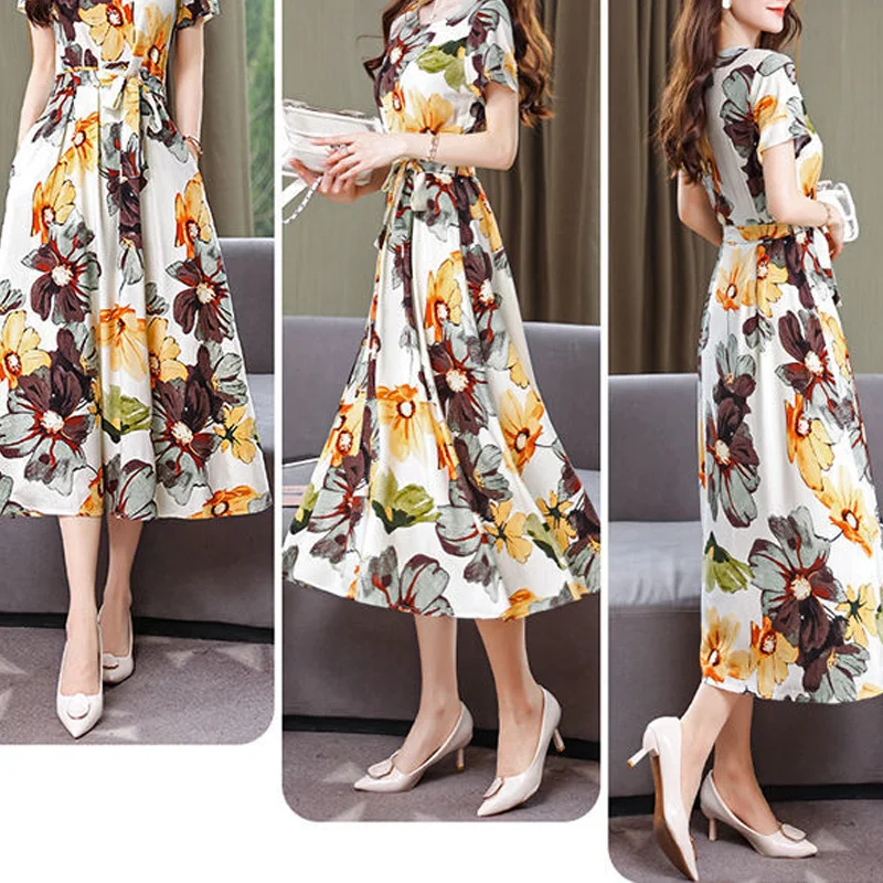 2023 New Summer Fashionable Temperament Commuting Elegant and Graceful Round Neck Printed Waist and Belly Covering Dress