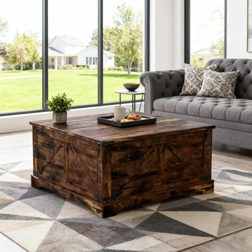 Farmhouse Style Square Coffee Table with Lift Top Storage and Charging Station, Rustic Wood Cocktail Table