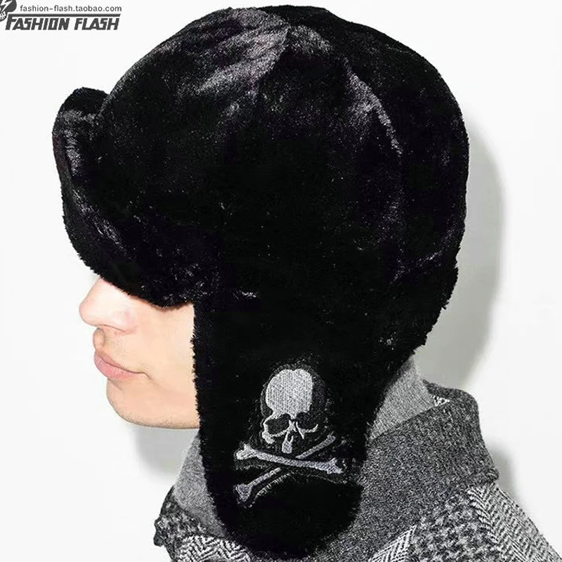 

Winter Trendy Street Japan Dark Bomber Hats High Street Embroidery Skeleton Artificial Fur Duck Tongue Hat