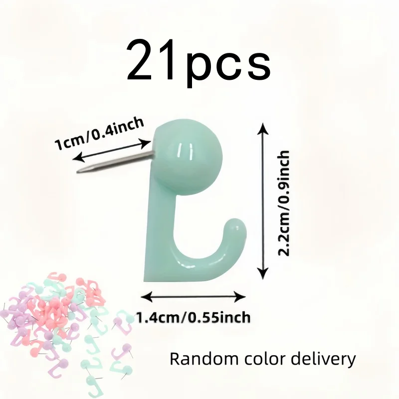 Push Pin Hooks 21 pcs, Random Color, Easy to Install, for Corkboards, Bulletin Boards and Wall Decor