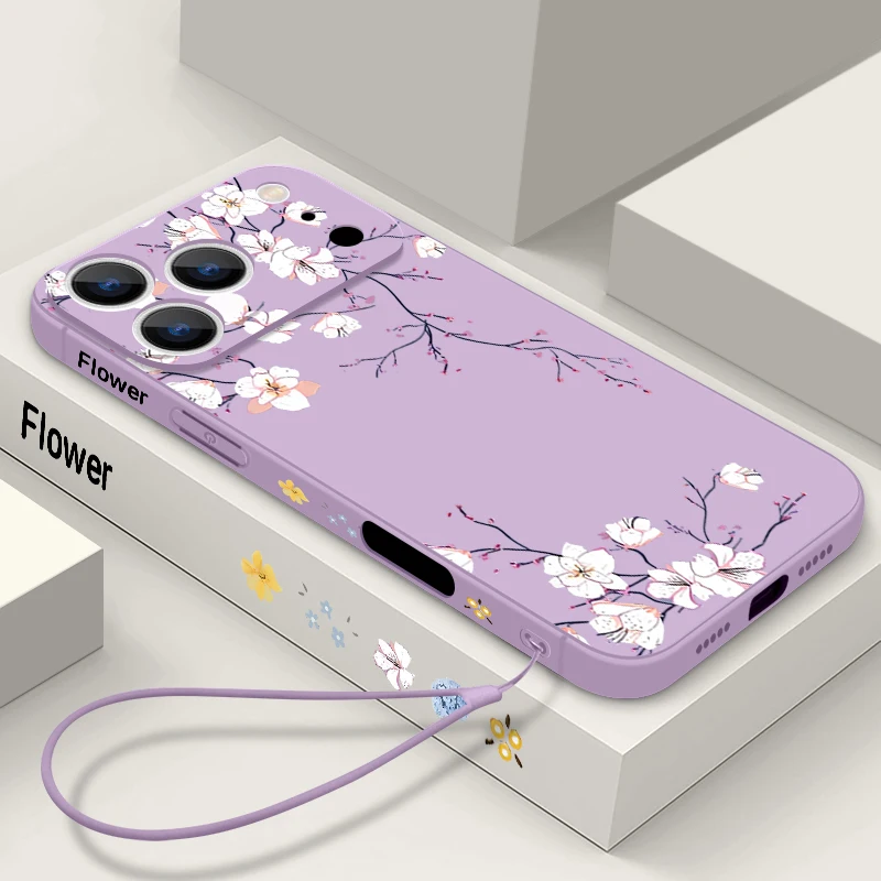 Custodia per telefono fiore di magnolia rosa per iPhone 17 Pro Max Funda iPhone 16 Pro Max 15 14 13 12 11 16e Air TPU copertura con cordino in silicone
