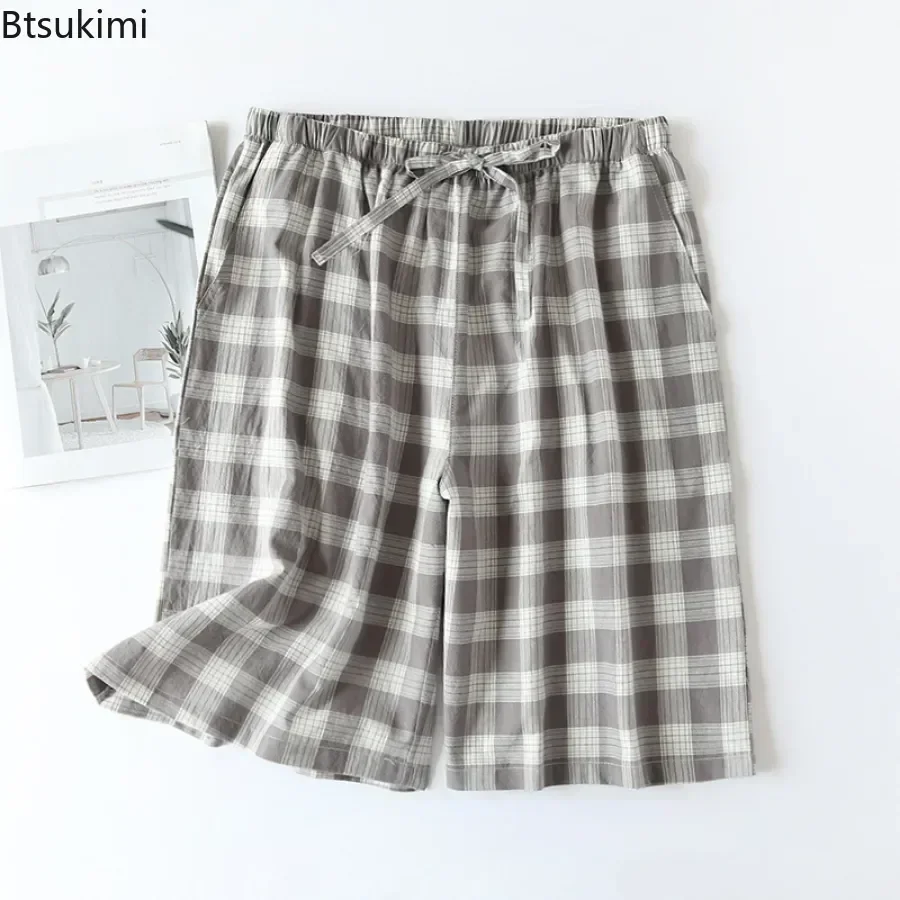 Shorts Pajama Pants 100% Casual Bottoms Double-layer Male Home Plaid Sleep Men's 2023 Loose New Sleepwear Design Cotton Homewear