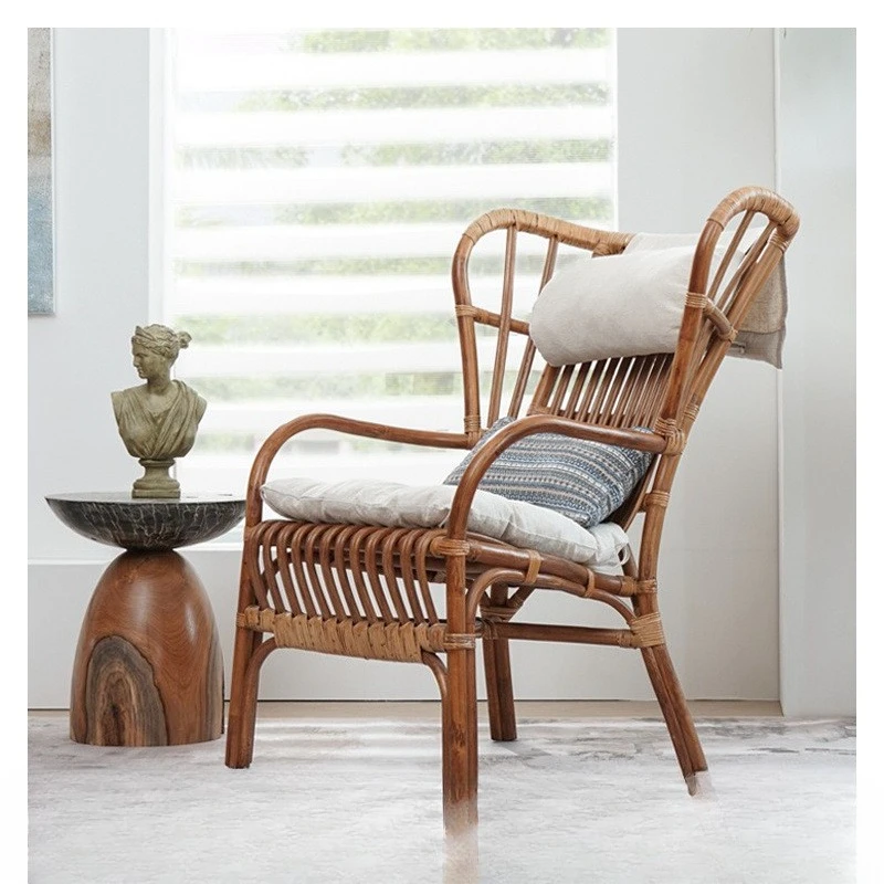 

B & B Natural Rattan Chair Retro Rattan Human Sofa Chair Courtyard Leisure Home Balcony Elderly Back Chair
