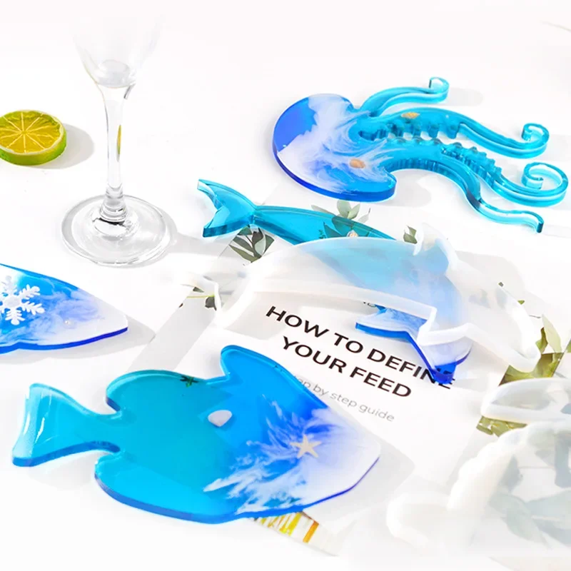 1Pcs/Set Silicone Mold Cup Pad Epoxy Resin Coaster Tea Tray Ocean Element Dolphin Octopus Shark Shape Home Decoration DIY Crafts