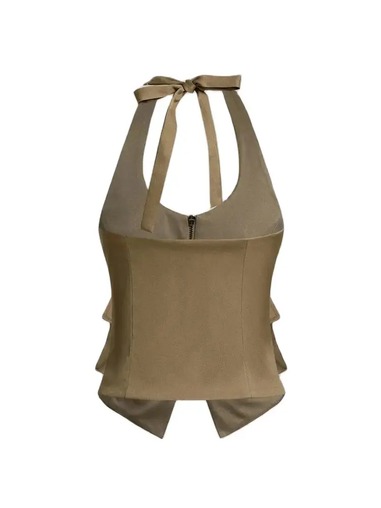 Regatas sem costas com bolsos para mulheres, zíper frontal, gola halter, laço amarrado, camis femininas, sexy, moda