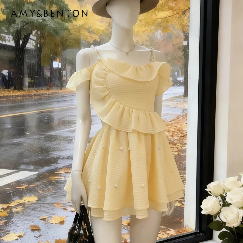 

French Ruffle Edge Women's Sling Dress 2026 Summer New Pearl Decoration Sweet Temperament Holiday Style Girl Cake Dresses Ladies