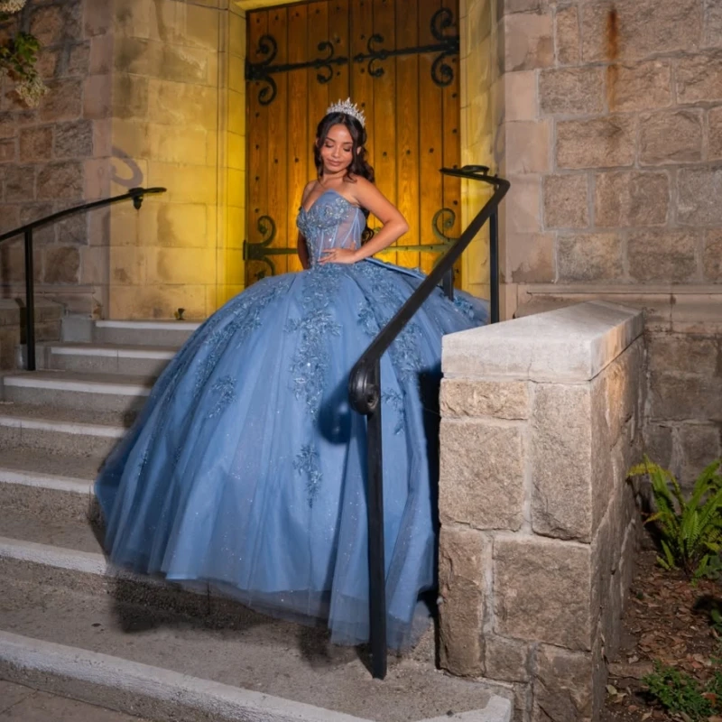 Sea Blue Glitter Quinceanera Dresses Off Shoulder Ball Gown Sweet 16 Dress Applique Beading Bow Tull Party Birthday Vetidos 15