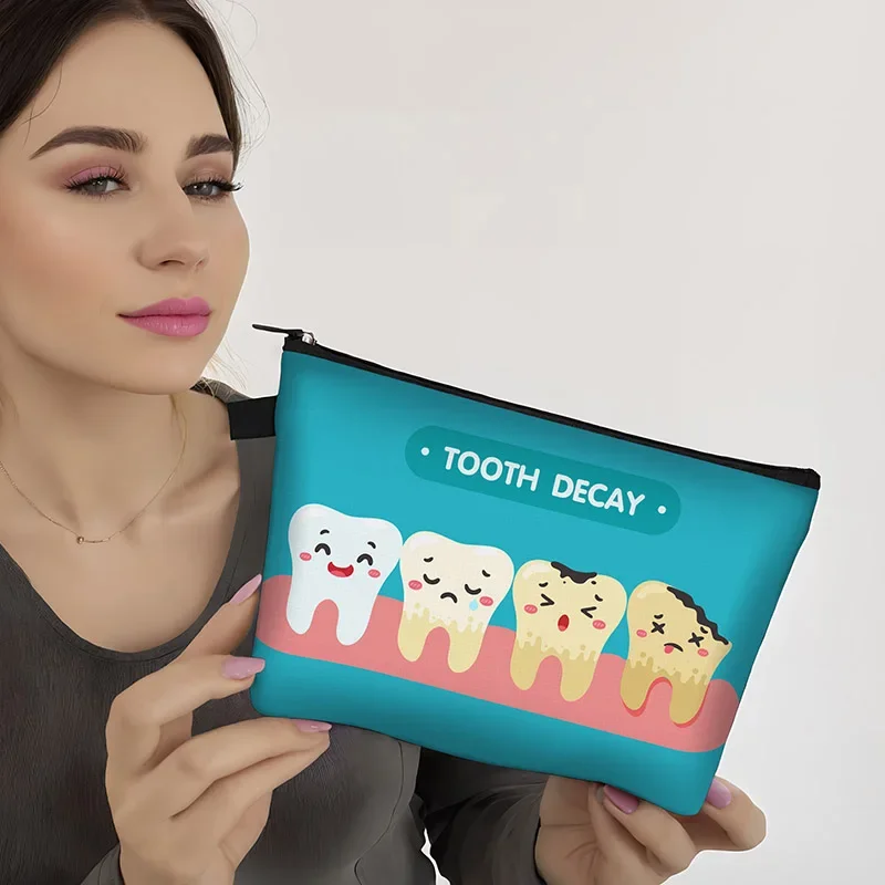 Cartoon Teeth Print Cosmetic Bags Cute Tooth Floss Dentist Women Makeup Bag Toiletry Case Organizer Lipstick Holder Beauty Bag