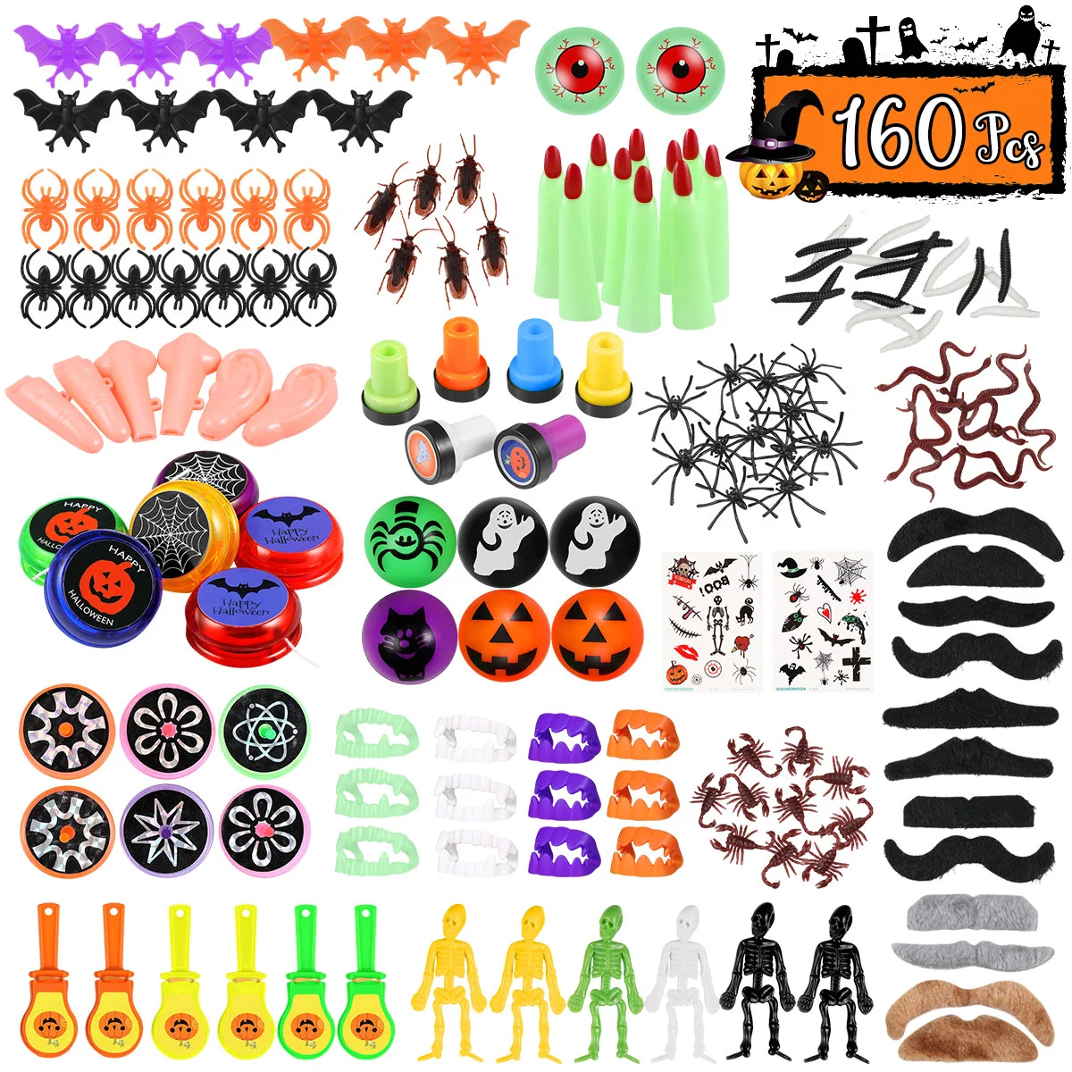 Toyandona 160pcs Halloween Simulation Tricky Toys 20 Patterns Novelty Toys Set Party Favor Assortment for Halloween Trick or Tre