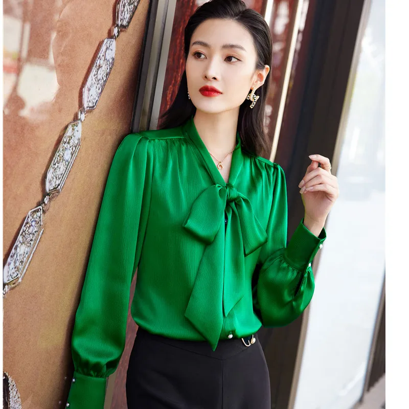 Green Shirt Women Bow Design 2022 New Fashion Temperament Loose Formal Satin Blouses Office Ladies Work Clothes Tops White