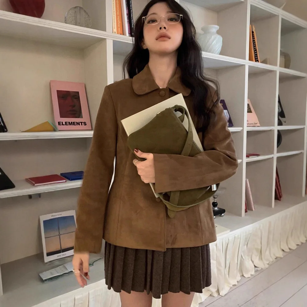 Smoothmood Brown Suede Jacket Short Style Korean Retro Collar Slimming Waist Design Autumn Fashion Women's Leather Coat
