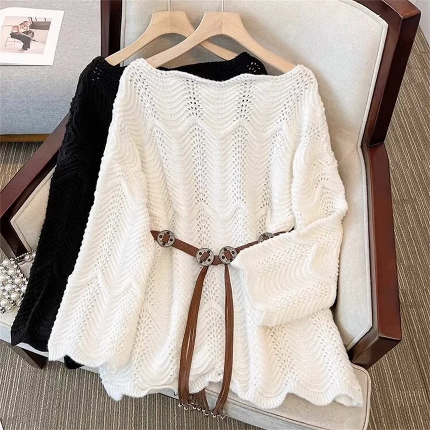 2025 Spring Autumn Women Sashes Sweaters Korean Style Girl Long Sleeve Hollow Out knitted Tops Female Pullovers Bottomings 2415