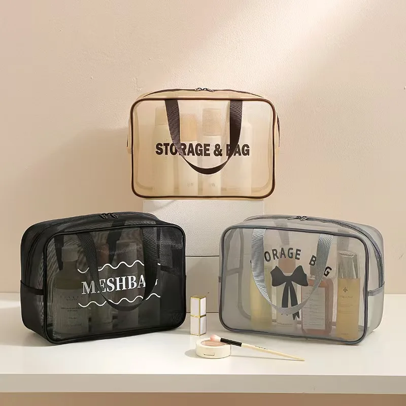 Portable Mesh Toiletry Bag Large Capacity Transparent Cosmetic Storage Bag with Handle Zipper Travel Makeup Organizer Pouch for