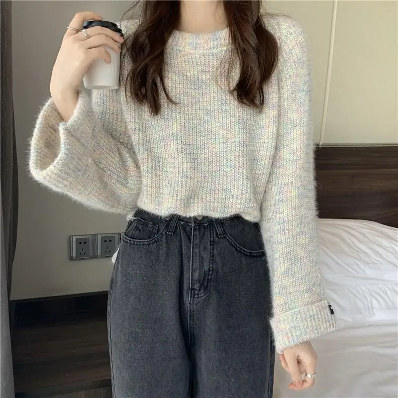 Spring Autumn New Solid Color Pullovers Crew Neck Jacquard Weave Casual Top Versatile Long Sleeve Fashion Loose Women\'s Sweaters